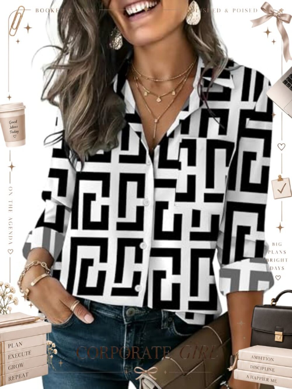 Hotouch Women Long Sleeve Button Down Shirt V-Neck Chest Pocket Blouse